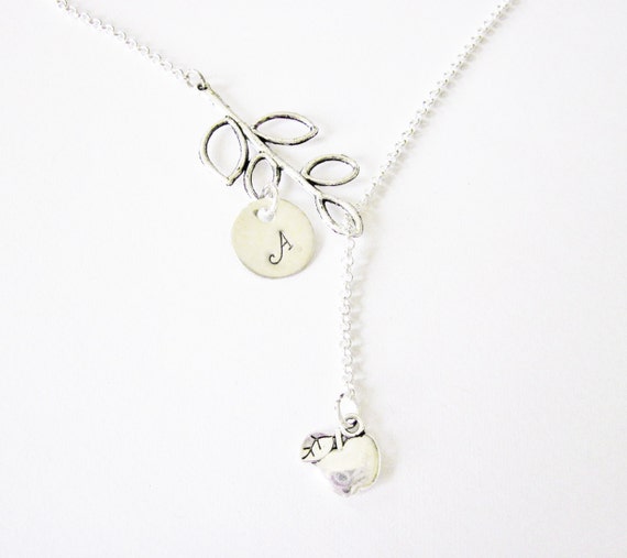 Personalized Apple Necklace, Silver Initial, Initial Charm, Teacher Necklace, apple jewelry, tiny initial Jewelry, Initial Necklace custom