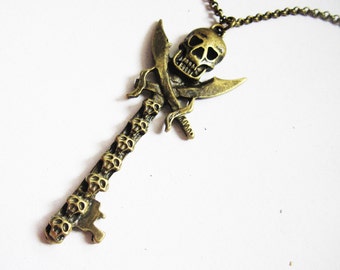 Skull Key Necklace, Skeleton Key Necklace, Key Pendant, Skull Jewelry, Brass Key Necklace, Long Key Necklace, Gothic Necklace, Double Swords