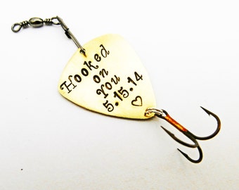 Custom Fishing Lure, Mens Personalized Fishing Lure Hooked on You, Copper Aluminum Brass Anniversary Fiancé Husband Boyfriend gift, spoon
