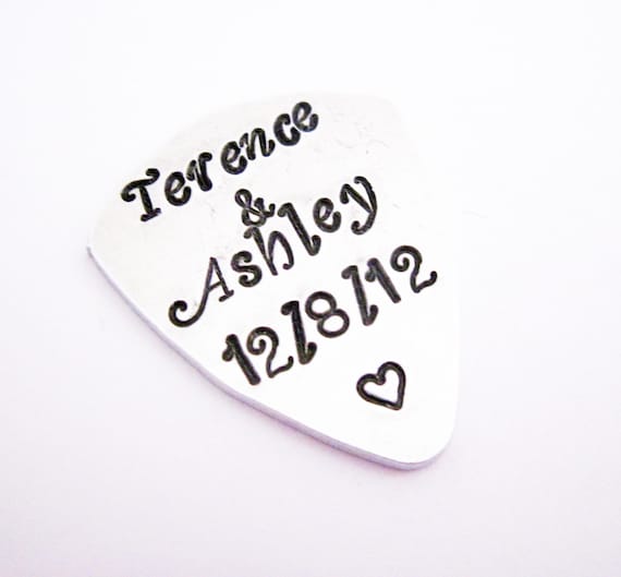 Custom Name & Date Hand Stamped Silver Guitar Pick, Gift for Him, guitarist, wedding date, anniversary date, heart, plectrum, musician gift