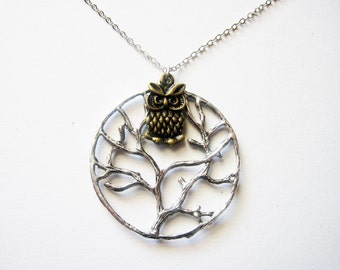 collana albero argento, collana gufo ottone, collana albero della vita, collana gioielli gufo, ciondolo gioielli albero, gioielli animali, metalli misti