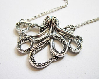 Silver Octopus Necklace, Octopus Jewelry Necklace, Octopus Pendant, Big Octopus Necklace, Kraken, cthulhu necklace, squid necklace