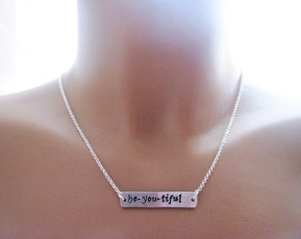 Be-you-tiful Banner Necklace Metal Stamped Silver Tone Pendant Chain Ribbon Sign, name bar necklace personalized custom hand stamped jewelry