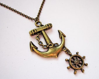 anchor necklace, nautical jewelry, sea necklace, beach jewelry, brass anchor necklace, anchor necklace jewelry, anchor pendant, rudder