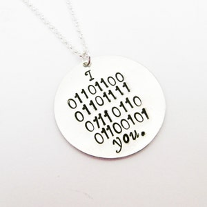 I love you in Binary Code Necklace, Personalized hand stamped silver necklace, Geekery, Geek, HandStamped, programmer, computer tech, it www