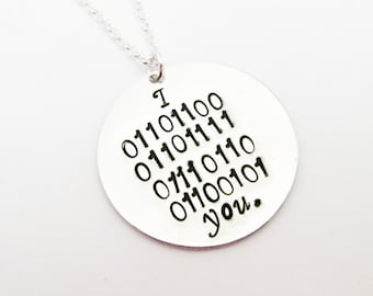 Collana I LOVE YOU in codice binario, regalo ragazzo, fidanzato, geek, geekery, nerd, oppure portachiavi con incisione personalizzata