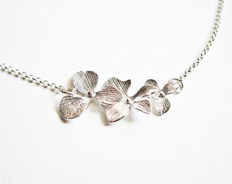 Triple Orchid Necklace in Silver - Perfect Gift - Dainty Flower Pendant Suspended on Sterling Silver Chain, Orchid flower necklace