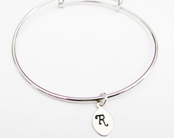 Initial bracelet, silver bangle, adjustable bracelet expandable, custom initial, stackable bangle best friend gift, minimalist jewelry charm