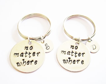 no matter where, Hand Stamped Jewelry, Long Distance, Moving Away Gift, Best Friend Gift, Graduation keychain, Set of 2 initial keychain bff