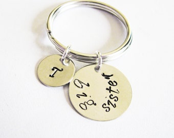 personalized big sister keychain, personalized key chain hand stamped initial, sister gift, best friends gift bff, gift for sister, silver
