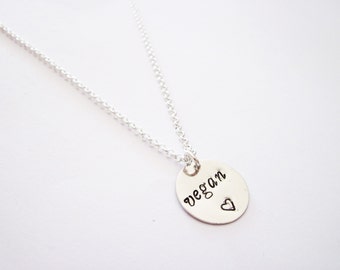 Vegan Necklace, Hand Stamped Necklace, Veg Jewelry Vegetarian Necklace simple Motivation Inspirational Jewelry, silver chain disc