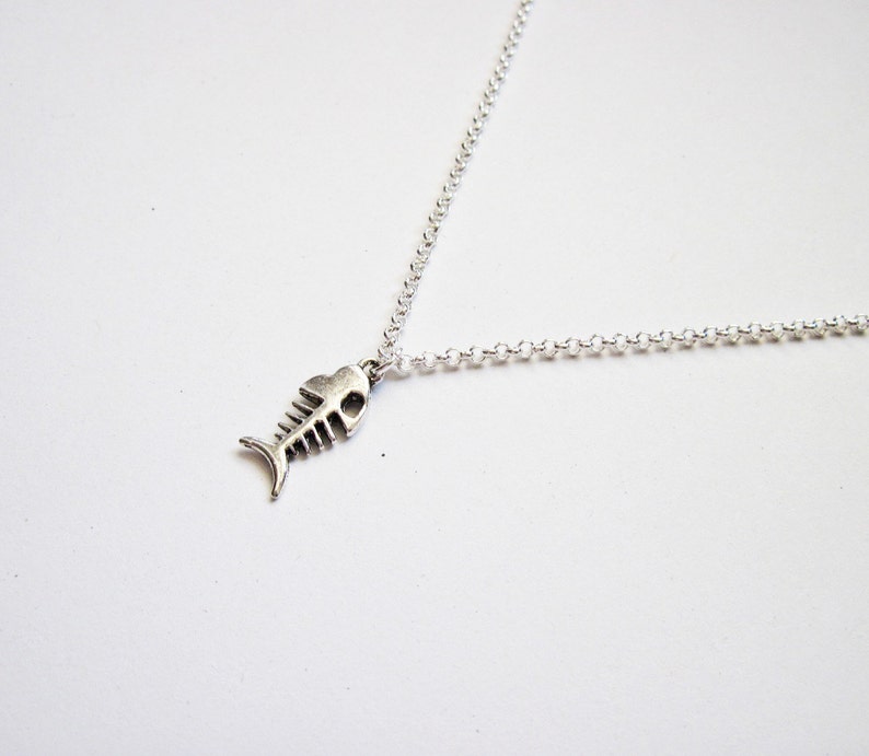 animal jewelry fish necklace, fish jewelry necklace, animal necklace, silver necklace, unique necklace, fishbone pendant, tiny fish image 2