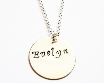 Custom Name Necklace, personalized necklace, hand stamped necklace, disc necklace, name jewelry, silver necklace, 7/8 inch disc pendant name