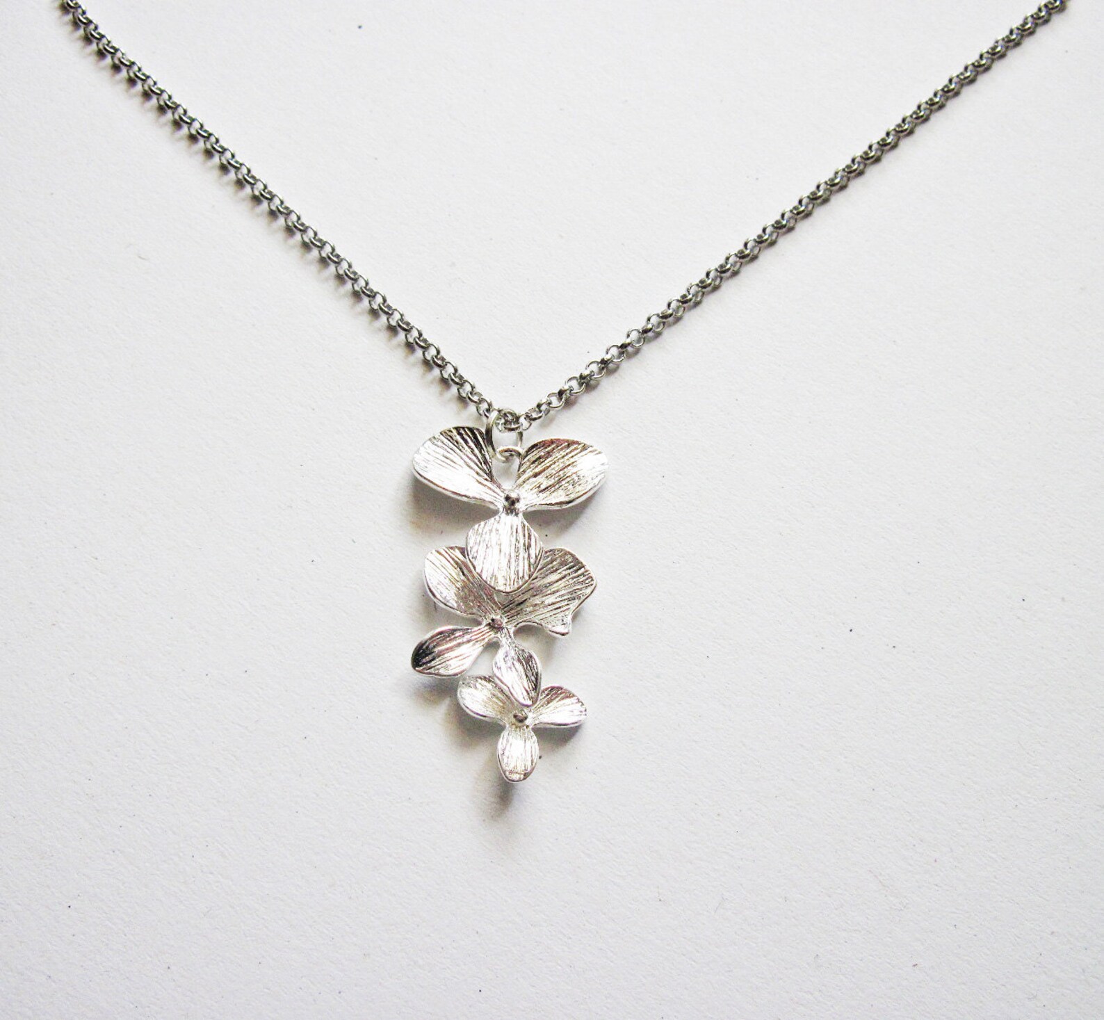 Silver Orchid Necklace Trio Flowers White Gold Plated. Etsy