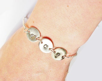 3 Initial bracelet - personalized bracelet, three disc bracelet Silver bracelet, engraved bracelet, monogrammed hand stamped bracelet charm