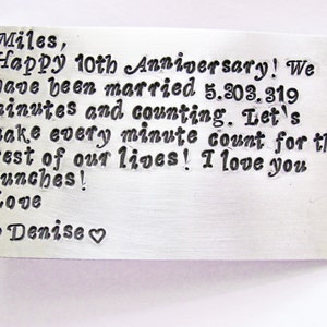 Inserto de tarjeta de billetera, inserto de aluminio estampado a mano, 10º aniversario, Día de la Madre, cumpleaños, boda, regalo personalizado Nota de amor personalizada