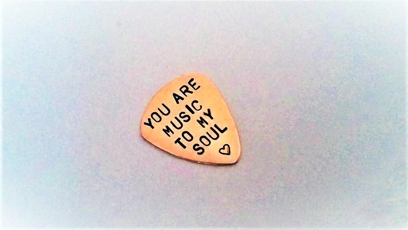 Handstamped guitar pick, You are music to my soul, Personalized plectrum, Valentines Day gift, copper men gift, custom statement, guitarist image 1