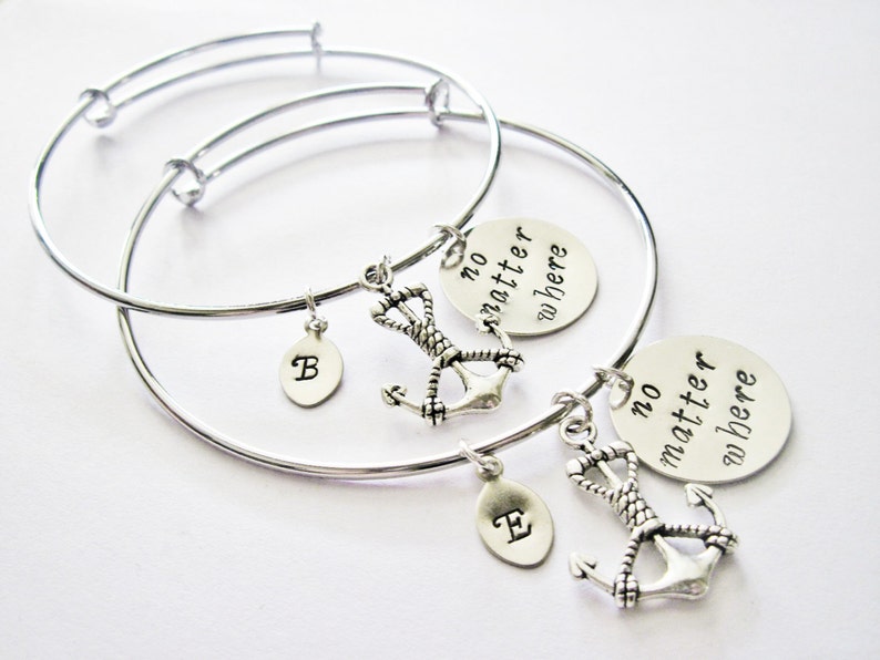 Best friend bracelet set, Personalized Anchor Bracelet, Custom Initial Bangle, 10 years and counting Friendship Jewelry Gift for Best Friend image 2