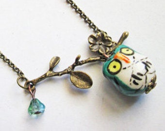 Ceramic Owl Necklace, Porcelain Owl Necklace, Miniature Owl Necklace, Owl Jewelry, Owl on a Branch Necklace, cute owl necklace