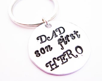 SALE Dad A Boys First Hero, Keychain For Him, Daddy Gift, Personalized Keychain, Birthday Gift, Fathers Day from Son, dad keyring key chain