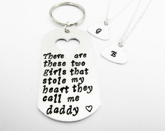 These Girls Stole My Heart They Call Me Daddy Keychain and Necklaces, Key Ring, Key Fob, Handstamped Father's Day Gift, 2 daughters two xmas