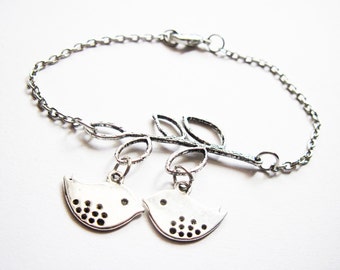 2 Birds Bracelet, Birds on a branch silver Bracelet, Bird Jewelry, double Bird Charm, Simple Bracelet, Lovebird Bracelet, Love Bird Bracelet