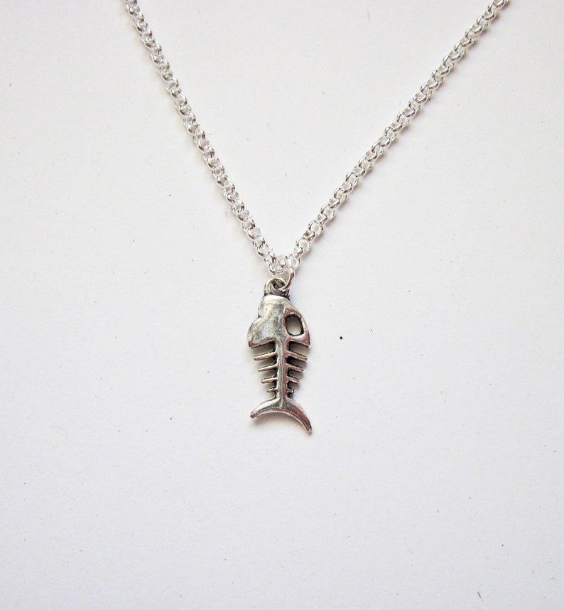 animal jewelry fish necklace, fish jewelry necklace, animal necklace, silver necklace, unique necklace, fishbone pendant, tiny fish image 5
