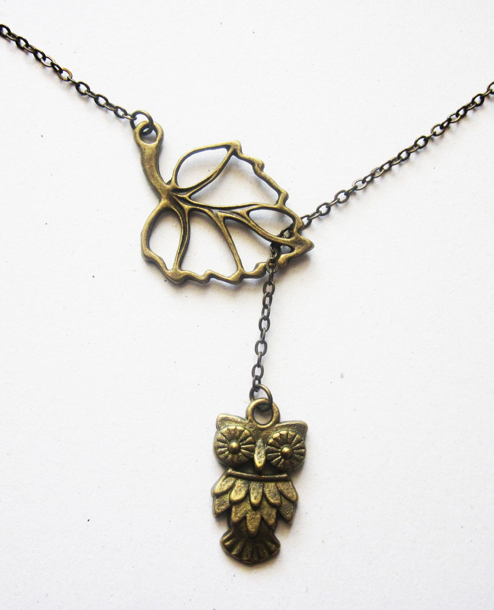 Lariat Owl Necklace Brass Owl Necklace Leaf Owl Necklace Etsy