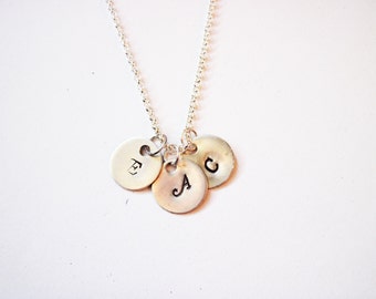 Silver Three Initials Necklace, Hand Stamped  disc Charm, Family Initials, Mom of 3 Kids, Mom Kid Grandma necklace, Three Bridesmaids