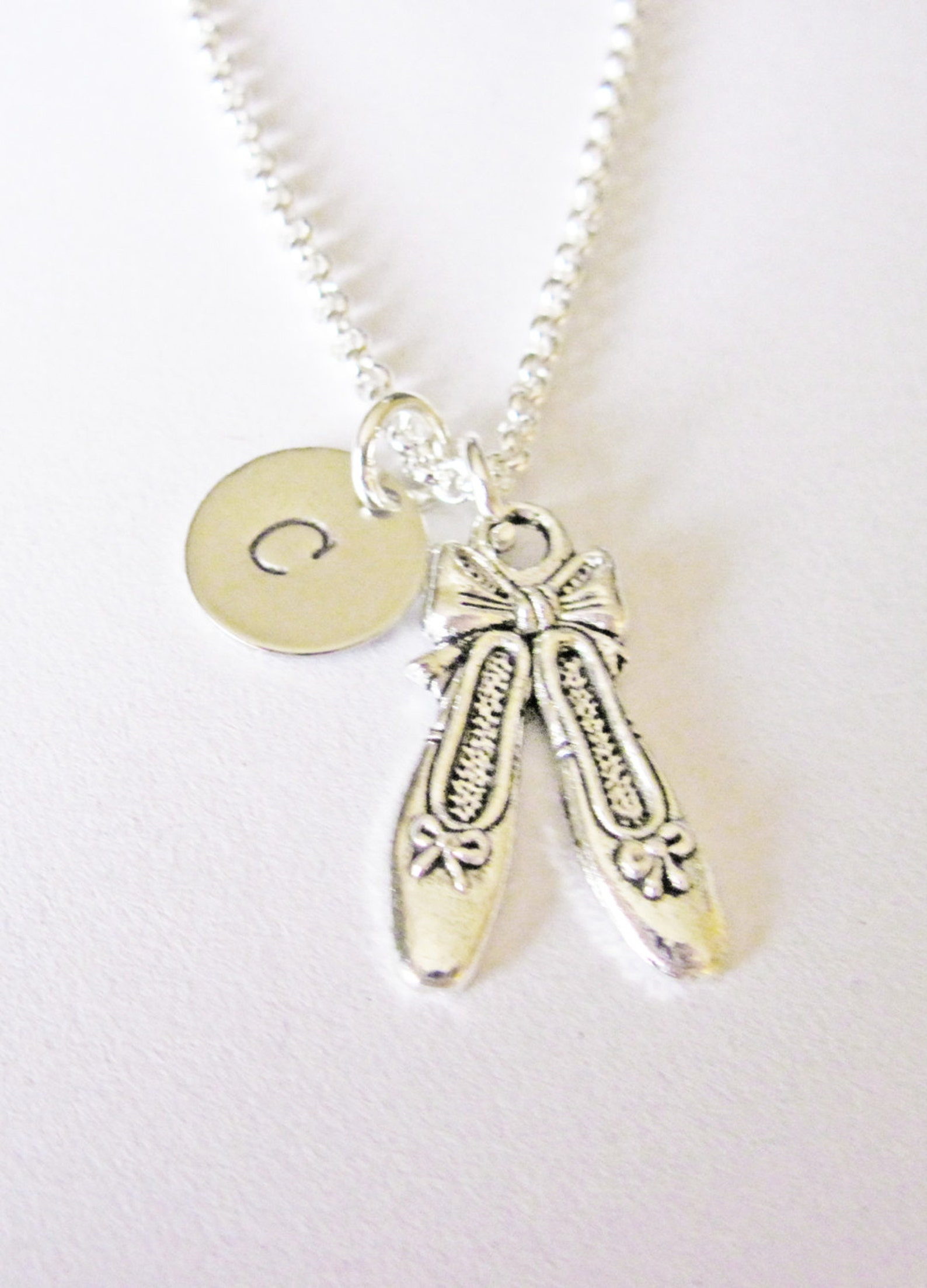 ballet shoes necklace, ballet slippers, initial necklace, initial hand stamped, personalized, antique silver, monogram, ballerin
