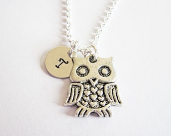 Owl charm necklace, owls, birds, initial necklace, initial hand stamped, personalized, antique silver, monogram, 1 initial, one initial tiny