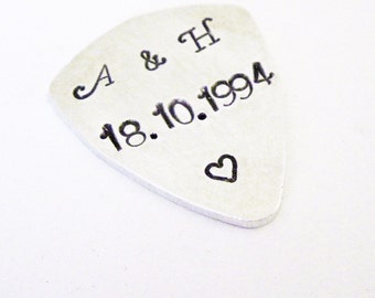 Personalized guitar pick, initials and anniversary date plectrum, Mens Gifts, gifts for men, Fathers day, Aluminum, hand stamped guitar pick