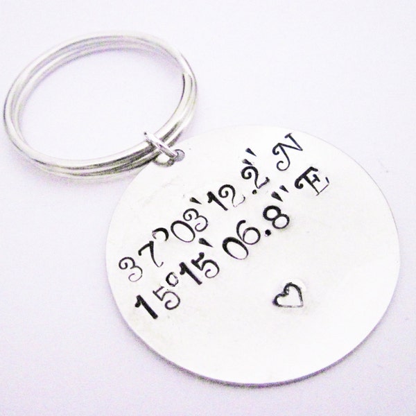 Latitude Longitude Keychain, Personalized Gift, Stamped Keychain, Anniversary Gift, Wedding Gift, Engagement Gift, Lat Long Keychain