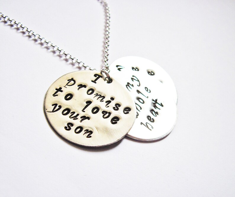 Personalized Hand Stamped Necklace, Handstamped Jewelry, I promise to love your son with My Whole heart for My Whole life Mother in Law Gift image 2