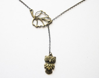 Lariat Owl Necklace, Brass Owl Necklace, Leaf Owl Necklace, Owl Pendant, Owl Jewelry, Skeleton Leaf Necklace, On Brass Chain, Owls