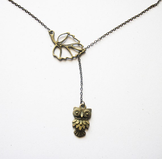 Lariat Owl Necklace, Brass Owl Necklace, Leaf Owl Necklace, Owl Pendant, Owl Jewelry, Skeleton Leaf Necklace, On Brass Chain, Owls