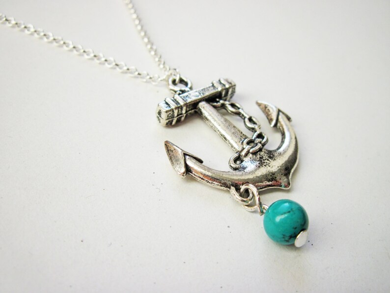 anchor dainty necklace anchor jewelry / gift for her under 20usd, Silver Anchor Necklace, anchor pendant, silver necklace, turquoise image 2