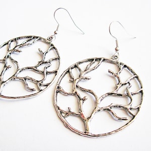 Tree of Life Earrings, antique silver tree of life charms, tree earrings, tree of life jewelry, rustic earrings, big hoops earrings