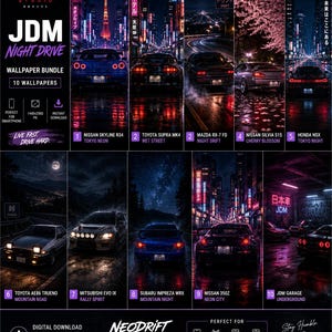Può includere: Un pacchetto di sfondi digitali intitolato JDM Night Drive di Neodrift Studio che presenta dieci immagini ad alta risoluzione di auto sportive giapponesi, tra cui la Nissan Skyline R34, la Toyota Supra MK4, la Mazda RX-7 FD e la Honda NSX.