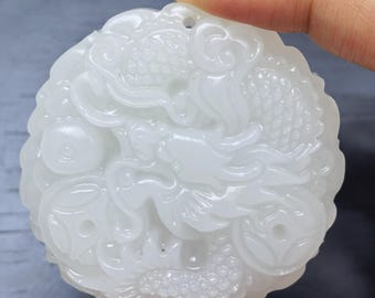 White Jade Dragon Pearl Pendant Carved Round Medallion Lucky Amulet Necklace