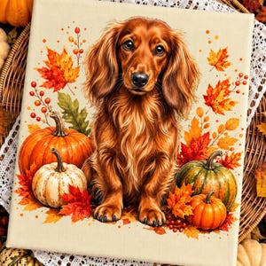 May include: A rectangular canvas print featuring a long-haired brown dachshund sitting centrally. The dog is surrounded by vibrant orange and red autumn maple leaves, small red berries, and three pumpkins in shades of orange and light cream.