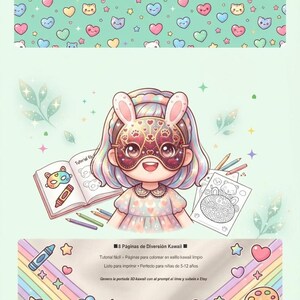 Puede incluir: Una ilustración digital de un personaje con máscara de conejo, rodeado de páginas para colorear, lápices de colores y una paleta. La imagen presenta un patrón repetitivo de corazones y estrellas, un arcoíris y el texto 8 Páginas de Diversión Kawaii.