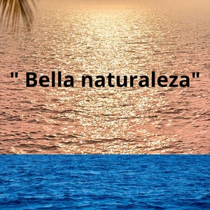 Puede incluir: Una fotografía de vista dividida que muestra una puesta de sol sobre el océano con luz dorada brillante en el agua en la mitad superior y olas de mar azul profundo en la mitad inferior, con el texto "Bella naturaleza" centrado en letras negras.