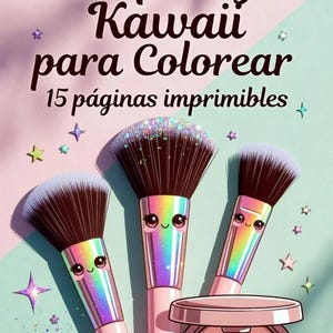Puede incluir: Una ilustración digital de tres brochas de maquillaje con mangos iridiscentes y caras, y un estuche de polvos con una cara. El texto dice Maquillaje Kawaii para Colorear 15 páginas imprimibles. El fondo está dividido en rosa y verde claro con estrellas.
