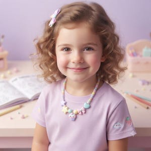 Puede incluir: Una camiseta de color morado claro con pequeños parches bordados de una nube sonriente y una fresa en la manga. Un collar de cuentas con dijes de colores pastel, incluyendo un cupcake, un lazo, un corazón y estrellas, rodea el cuello.