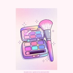 Könnte beinhalten: Eine Illustration einer geöffneten Make-up-Palette mit sechs bunten Lidschatten und einem kleinen Applikatorpinsel, begleitet von einem großen, flauschigen Make-up-Pinsel. Das Bild enthält den Text Colored Example (Inspiration) und Use pastel colors + sparkles for the cutest kawaii effect!