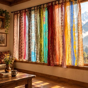 Peut inclure: Un ensemble de rideaux transparents multicolores suspendus à une tringle sombre devant une fenêtre. Les rideaux présentent divers panneaux verticaux dans des tons de rose, vert, rouge, orange, jaune et bleu, chacun avec des motifs et textures distincts.