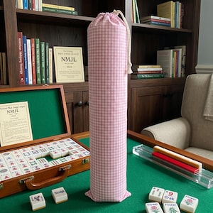 Pink Plaid Canvas Mahjong Mat Storage Bag – Drawstring Closure, Random Toggle & Rope Handle, Custom Name Embroidery
