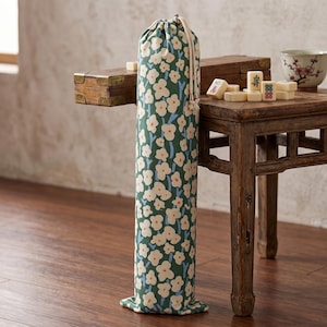 Green Floral Print Canvas Mahjong Mat Storage Bag – Drawstring Closure, Random Toggle & Rope Handle, Custom Name Embroidery