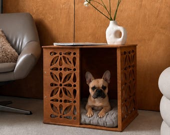 Floral Dog Crate Furniture | Wooden Indoor Pet House End Table | Modern Dog Kennel for Living Room
